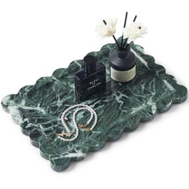 Real Natural Scalloped Green Marble Tray for Bathroom, Vanity, Kitchen and Desktop, Decorative Stone Tray for Jewelry, Cosmetics, Candles, Lotion, Perfume and Home Decor (12" L x 8" W)