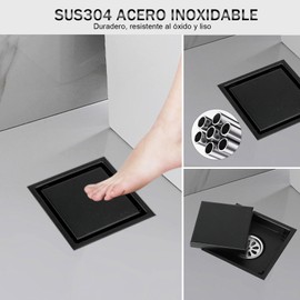 HEEDU Drenaje de Piso Cuadrado 11 * 11CM, SUS304 Acero Inoxidable Coladeras de Desagüe, Desodorante de Anti-Obstrucción con Funda Invisible Extraíble (Negro)