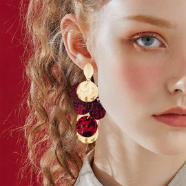 JOONL Handmade Bohemian Round Leopard PU Leather Dangle Drop Earrings Vintage 60s 70s Long Chain Disk Stud Earrings for Women (Wine Red)