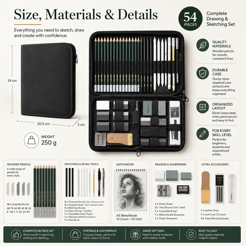 54-Piece Drawing and Sketching Kit for Artists – Complete Pencil