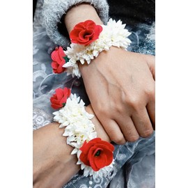 Indian Charming Crafts Mogra White Gajra Hair Accessories Gajra Rubber Band for Women (Gajra Red)