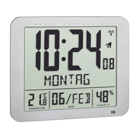 TFA Dostmann Radio-Controlled Digital Clock, 60.4516.54, with Room Climate, Written Day of the Week (10 Languages), 2 Alarm Functions, as Table Clock or Hanging, Silver, (L) 248 x (W) 25 (73) x (H) 206 mm