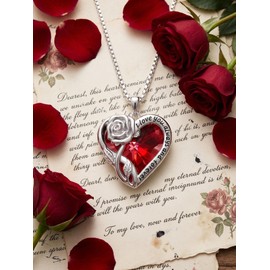 OCJ Ruby Necklace 925 Sterling Silver Rose Flower Heart Crystal Pendant Necklaces July Birthstone Jewelry for Women Anniversary Birthday Gift for Her Wife Girlfriend Mom Daughter