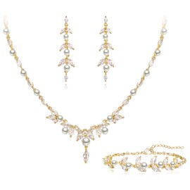 Clearine Wedding Jewellery Set for Brides, Elegant Simulated Pearl Cubic Zircon Pendant Necklace Marquise Leaf Drop Dangle Earrings Set for Women Party Prom, Cubic Zirconia artificial pearl