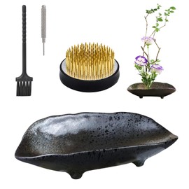 WANDIC Flower Arrangement Supplies Boat Shape Ikebana Vases Ceramic with 4cm Round Frog Flowers for Ikebana Flower Arrangement Art Home Decor Black Polka Dot