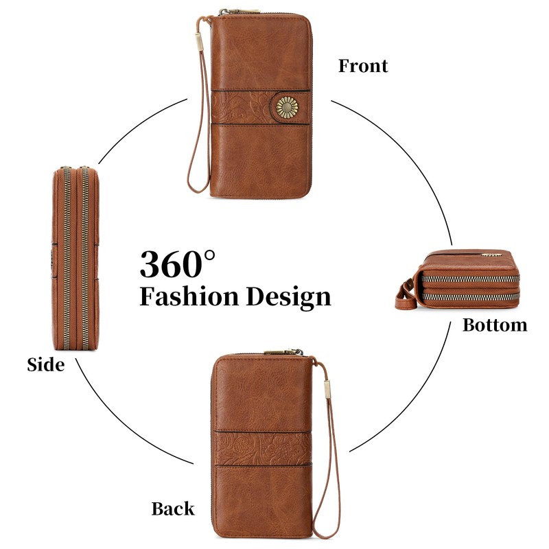 SENDEFN Wallet for Women Leather Double Zipper RFID Blocking Card