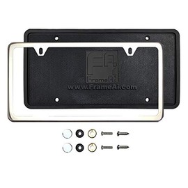 Silicone Back Guard Two Holes Slim License Plate Holder Chrome Polish Mirror License Plate Frame T304 Stainless Steel + Metal Screw Caps