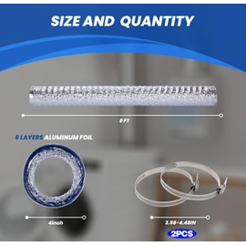 Dryer Vent Hose 4 Inch x 8FT - Flexible Aluminum Dryer Hose with 2 Clamps - Heavy-Duty 6-Layer Dryer Vent Hose for Tight Spaces, HVAC, Bathroom, and Kitchen Exhaust Ventilation