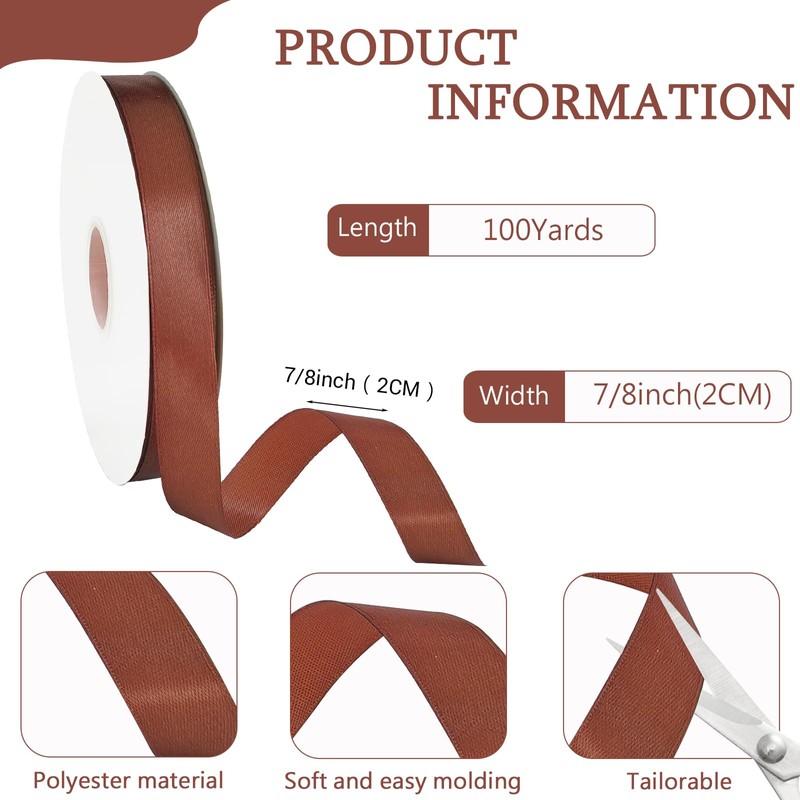 7/8 in Brown Satin Ribbon 100Yards, Polyester Ribbon for Wedding,Hair