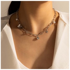 Cimenexe Bohemian Crystal Beads Pendant Necklace Silver Butterfly Star Choker Necklace Paper Clip Link Chain Necklace Punk CZ Point Star Necklace Jewellery for Women and Girls Gifts