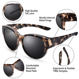 URUMQI Sunglasses for Glasses Wearers, Women's Over-Top Sunglasses, UV400 Protection, Anti-Glare Polarised Sunglasses, Fit Over Glasses, Ultra Light, A13 Matt Beige Tortoiseshell Frame/Grey Lens