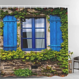 Batmerry European Flowers Scenery Garden Decoration Shower Curtain, Blue Wooden Windows Blinds Green Plants Decor Shower Curtain for Shower Stall Bathroom Waterproof of Standard Size 72x72 Inch