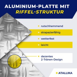 ATALLIKA Duett Aluminium Checker Plate [200 x 150 mm, 1.5/2 mm] - Aluminium Sheet with 2 Tear Structure [Non-Slip & Weatherproof] for Outdoor and Indoor Use - Precise Sheet Metal Cut from Germany