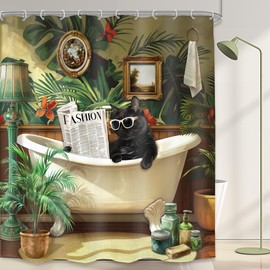 LGhtyro Funny Black Cat Shower Curtain Bathroom Set 71Wx71H Inches Vintage Cute Hilarious Animals Reading Newspaper in Bathtub Plants Bath Accessories for Kids Art Home Decor Fabric 12 Pack Hooks