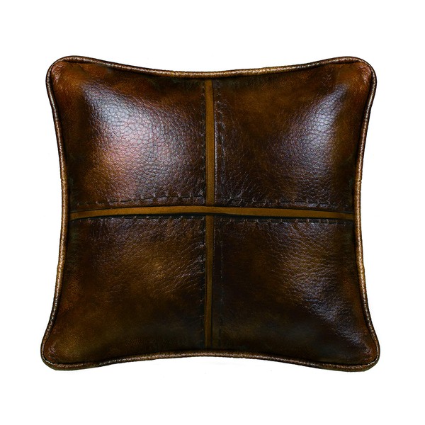 HiEnd Accents Cross Stitched Pillow Features Faux Leather with Hand Stitched Details, 18X18