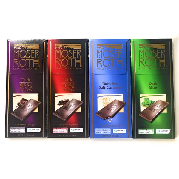 German Dark Chocolate Bundle of Four Varieties. Moser Roth 85%, 70%, Dark Sea Salt and Caramel and Dark Mint. Fresh Import from Germany