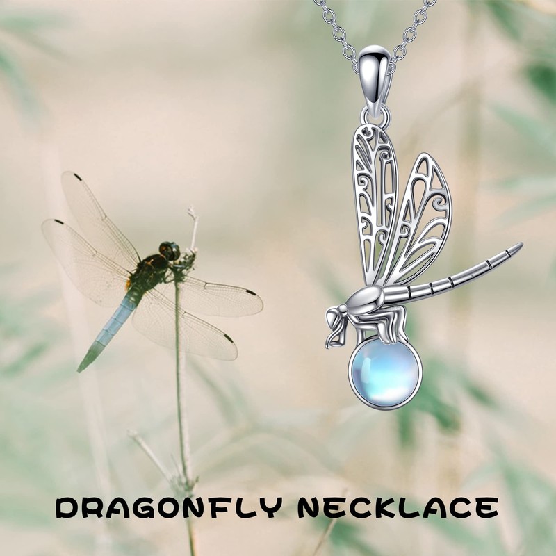 VENACOLY Dragonfly Necklace 925 Sterling Silver Moonstone / Moss Agate