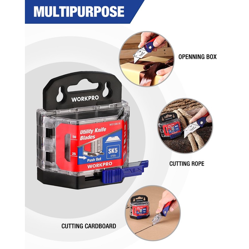 WORKPRO 50-Pack Utility Knife Blades with Dispenser, SK5 Steel Box