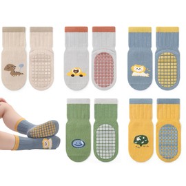 Exemaba Baby Anti Slip Socks 5 Pairs Toddler Cute Animal Crew Slipper Socks for Boys Girls(Beige Dinosaur,S/6-12M)
