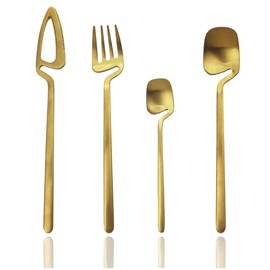 JASHII - Juego de cubiertos para colgar, color dorado mate, juego de cubiertos para 2, acabado satinado, 8 piezas de acero inoxidable para hogar y restaurante, apto para lavavajillas (dorado)