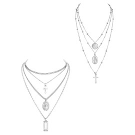 ORAZIO 2PCS Layered Necklace for Women Cross Blessed Virgin Mary Pendant Necklace Chain Silver Tone
