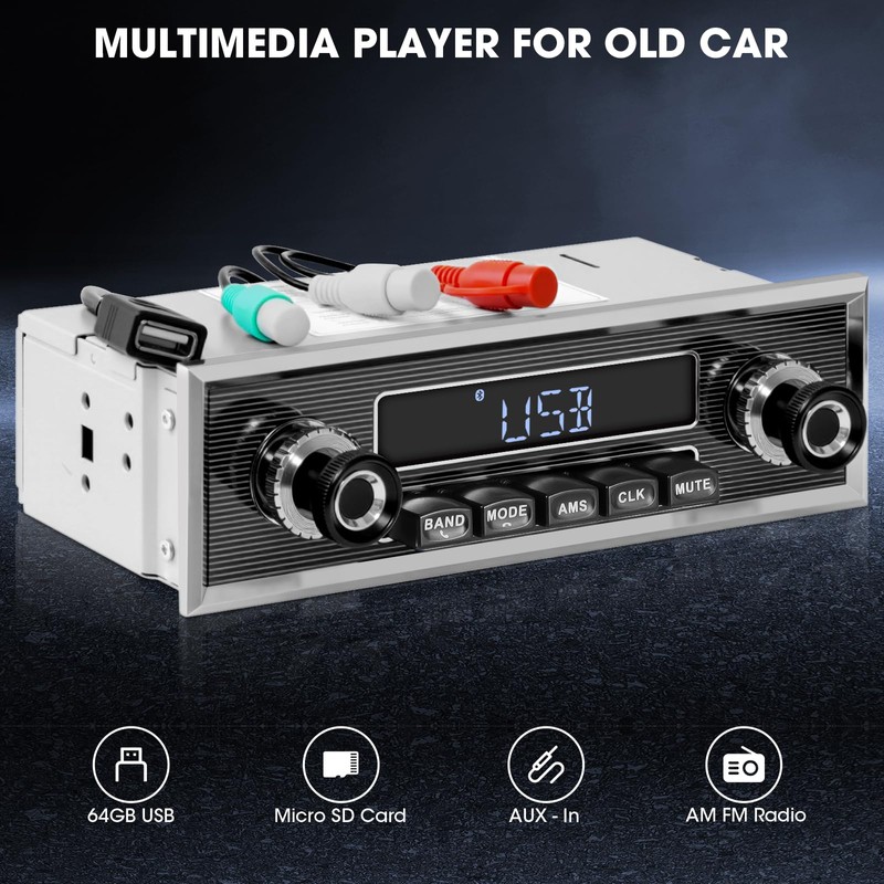 Retro Vintage Radio for Classic Vehicle - Single Din Bluetooth