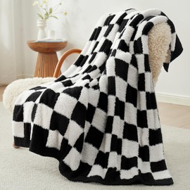 Snuggle Sac Faux Fur Checkered Blanket Twin Size with Soft Knitted Microfiber Fabric,Cozy Soft Warm Blanket for Sofa Bedroom Living Room,Black Checker,60x80 inches