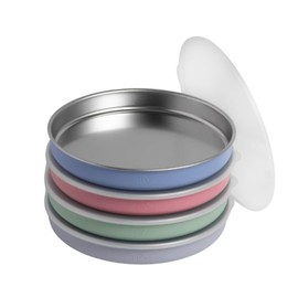 Elk and Friends 7.8” Stainless Steel Non Divided Plates with Silicone Sleeve + Storage Lid | Baby, Toddler, Kids | Dishwasher Safe | Dinner & Snack Plates | 4 Pack