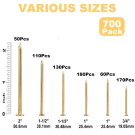 700 Pcs Picture Hanging Nails Assortment Kit - 6 Sizes Wall Hanging Set for Frame Art Photo,Brass Small Framing Nails,Gold Finishing Nails