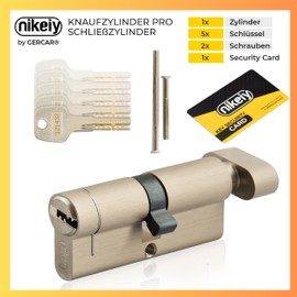 GERCAR Pro+ Knob Cylinder, 45/45 mm, with Drilling Protection, Locking Cylinder with Knob, Rotary Knob Door Lock, Door Cylinder with 5 Keys (Extra Long) with CodeCard, 90 mm, A:45, B:45, Set of 1