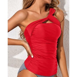 Tempt Me - Traje de baño para mujer, tankini con fruncido con un solo hombro, solo, Rojo -, XS