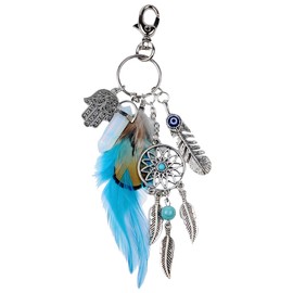 Jitnga Dream Catcher Keyring Gemstone Double End Bohemian Style Metal Keyring Gift with Pendants in Feather Shape for Girls and Women Couples