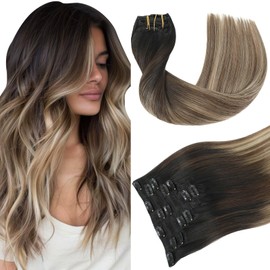 Youngsmile Clip in Hair Extensions Real Remy Human Hair 18inch 120g 7Pcs #1B/4/27 Black Ombre Dark Brown with Caramel Brown Remy Hair Extensions Clip in Add Hair Volume(#1B/4/27-18inch)