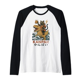 Samurai Cat on Tyrannosaurus rex. | Retro Japanese Vibes Raglan Baseball Tee