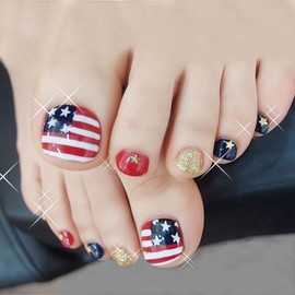 America Flag Press on Toenails Short Square Fake Toe Nails Independence Day Glitter False Toenails Full Cover Fourth of July Stick on Toenails Artificial Toenails for Women Girls Manicure 24Pcs