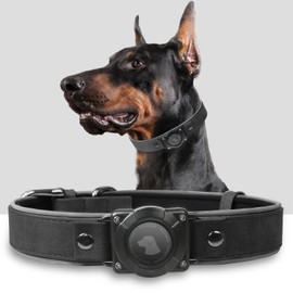 AirTag Dog Collar - Leather Dog Collar with Air Tag Holder | IPX8 Waterproof, Reflective, High - End, Adjustable Soft Padded | Dog GPS Tracker Collars Fit for Medium Large Dogs (Black, M)