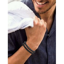 HUASAI 2Pcs Black Tourmaline Bracelet Obsidian Bracelet for Women Men Triple Protection Bracelet Adjustable (A: 2Pcs Black Tourmaline Bracelet)