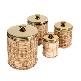 Creative Co-Op Rattan Wrapped Stainless Steel Canisters, Set of 4, Brass Finish