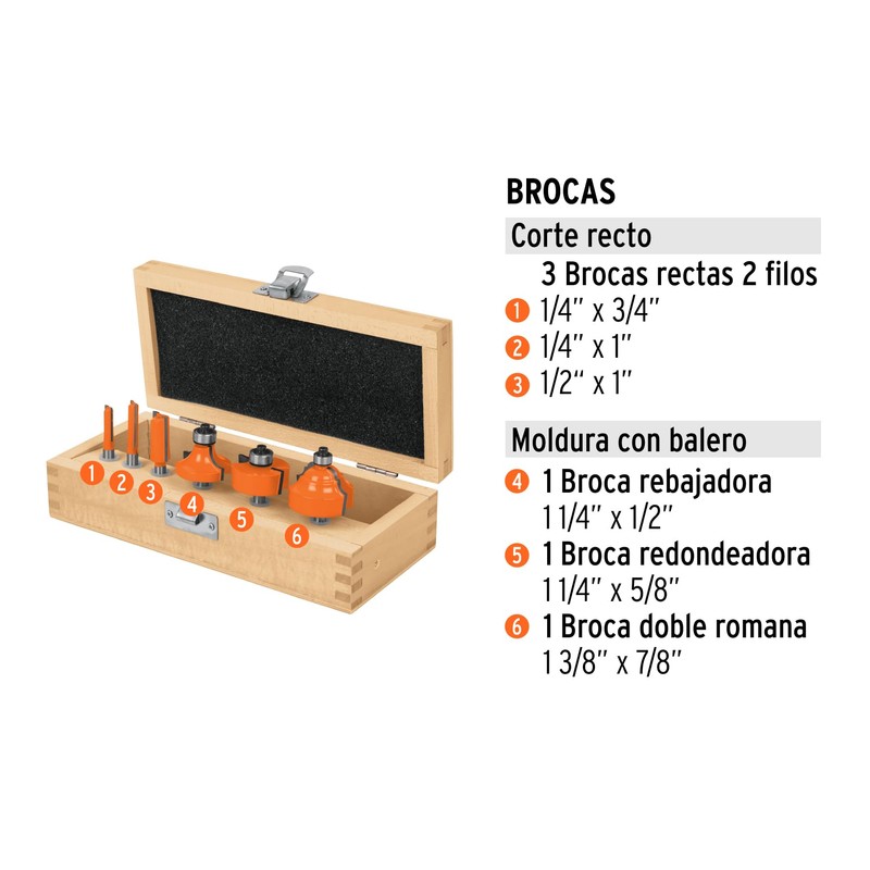 Truper JBROU-6, Juego de brocas para router, 6 piezas
