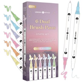 LEBENSKOMPASS® Brush Pen Set Pastel - 6 Brush Pens in Soft Pastel Shades - Brush Pens for Hand Lettering, Colouring & Bullet Journal - Dual Tip Pens with Fine & Flexible Tip