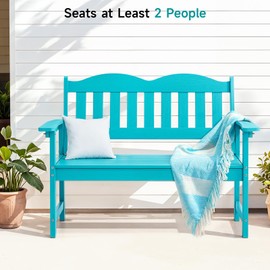 ONBRILL Outdoor Bench, 2-Person Poly Lumber Garden Bench with 800 lbs Weight Capacity, All-Weather Patio Bench with Armrests and Backrest for Garden, Porch, Backyard and Park, Blue