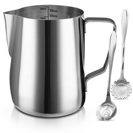 Milk Frothing Pitcher Cup, 20oz/600ML Milk Frother Cup Stainless Steel Steaming Pitcher Milk Jug Coffee Latte Art Cappuccino Espresso Machine Accessories Barista Steam Pitchers Attached Dessert Spoons