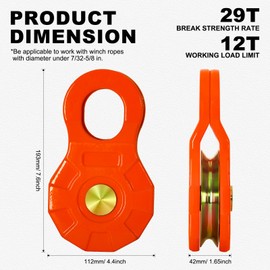 DING.PAI ATV/UTV Winch Snatch Block - Heavy Duty Powder Coated Carbon Steel, 24000 Lbs (12T) - Ideal for Side by Side, Compatible with Synthetic Rope & Steel Cable, Ideal for Off-Road Recovery, Red