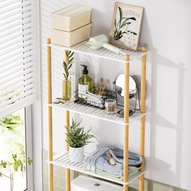 AmazerBath Bamboo Over The Toilet Storage Shelf, Bathroom Storage Organizer Rack, 3-Tier Bathroom Shelves Space Saver, White and Natural Color