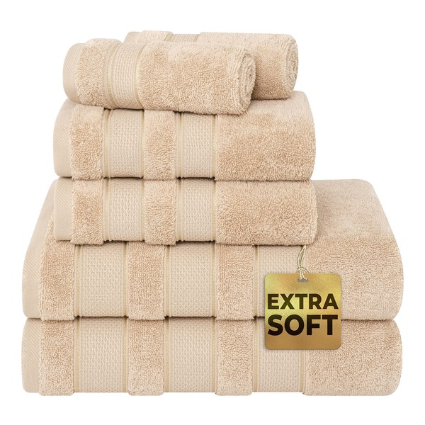American Soft Linen Salem Bath Towel Set, 6 Piece Towels for Bathroom, 100% Turkish Combed Zero Twist Cotton, 2 Bath Towels 2 Hand Towels 2 Washcloths, Beige