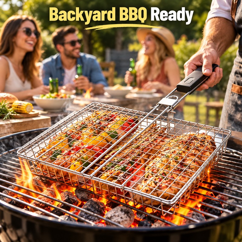 Stainless Steel Grill Basket with Removable Divider – Reusable BBQ