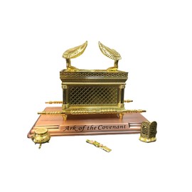 3 ARCHES USA Gold Plated The Ark of The Covenant Figurine Model (11” x 6.5” x 8.5”) with Contents - Aaron's Rod, Manna, Ten Commandments - Detailed Replica Tabletop Decor