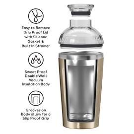 OGGI Groove Insulated Cocktail Shaker-17oz Double Wall Vacuum Insulated Stainless Steel Shaker, Tritan Lid has Built In Strainer, Ideal Cocktail Mixer, Martini Shaker, Margarita Shaker, Gold