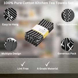 Penguin Home® 100% Cotton Tea Towel, Set of 10, Soft, Durable, Stylish Black Design with Multiple Patterns, Machine Washable, 65 x 45 cm, Pack of 10