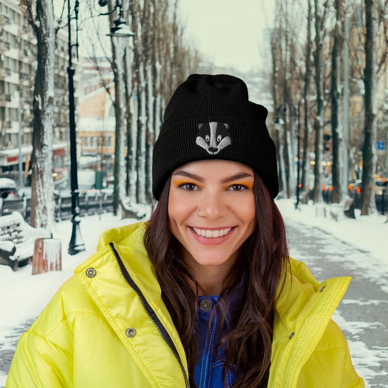 Badger Face Cute Animal Embroidered Beanie Hat Logo Men's -